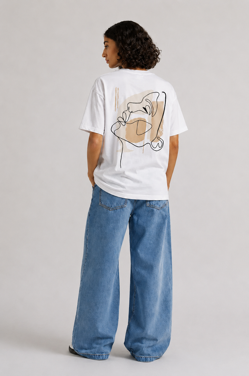 Abstract Face T-Shirt Brodé One Line Beige – Rich.Art