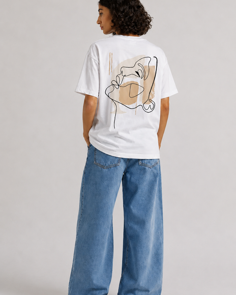Abstract Face T-Shirt Brodé One Line Beige – Rich.Art