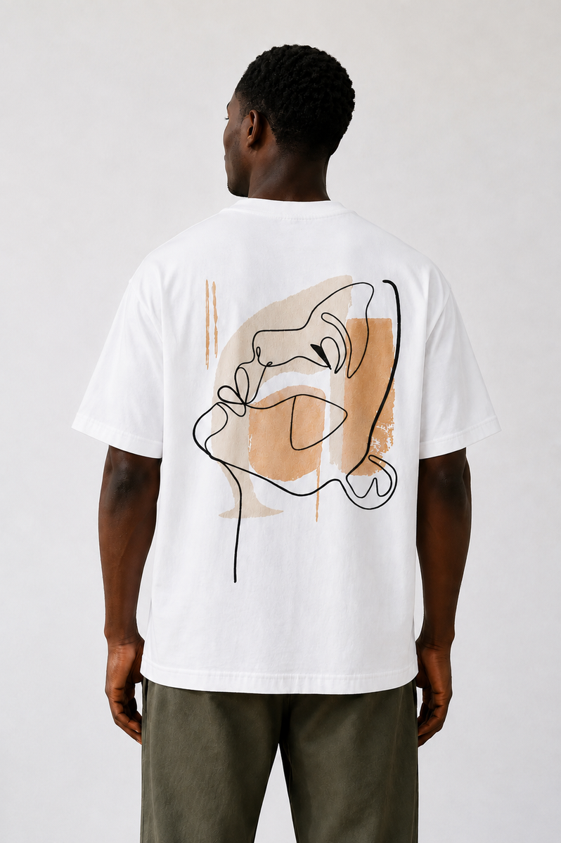 Abstract Face T-Shirt Brodé One Line Beige – Rich.Art