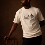 T-shirt blanc avec broderie représentant la ville de Bâle en Suisse sur la poitrine