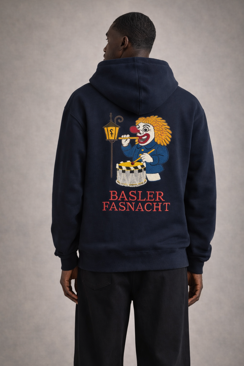 Hoodie bleu marine Basler Fasnacht avec broderie de carnaval bâlois au dos