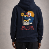 Hoodie bleu marine Basler Fasnacht avec broderie de carnaval bâlois au dos