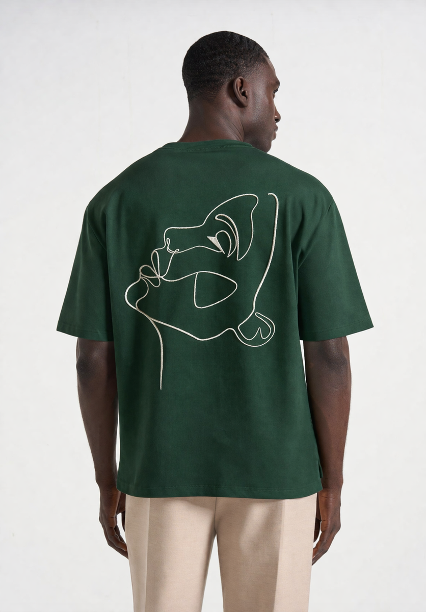 T-shirt vert One Line Art avec visage minimaliste au dos
